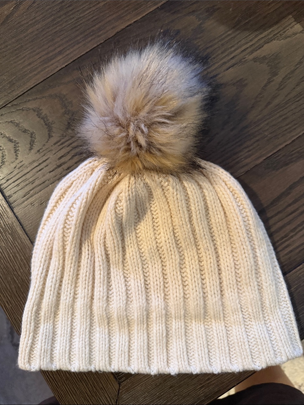 J. Crew Cream Ribbed Knit Hat with Faux Fur Pom